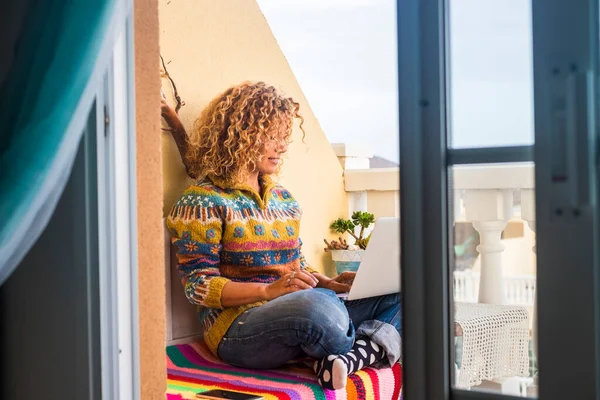 Woman Sitting Outdoor Home Working Laptop Computer Concept Smart Working — Stock Fotó