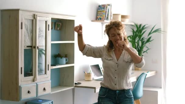 Happy Woman Singing Alone Her Apartment Having Fun Living Room — 图库视频影像