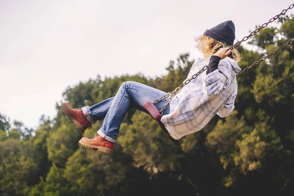 Crazy Woman Play Have Fun Swing Flying High Trees Sky — Fotografia de Stock