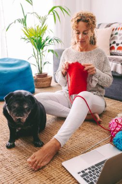 Woman and lovely dog at home together in leisure relax activity - female people knitting wool work with needle and laptop computer to follow online class channel tutorial to learn - concept of modern lifestyle
