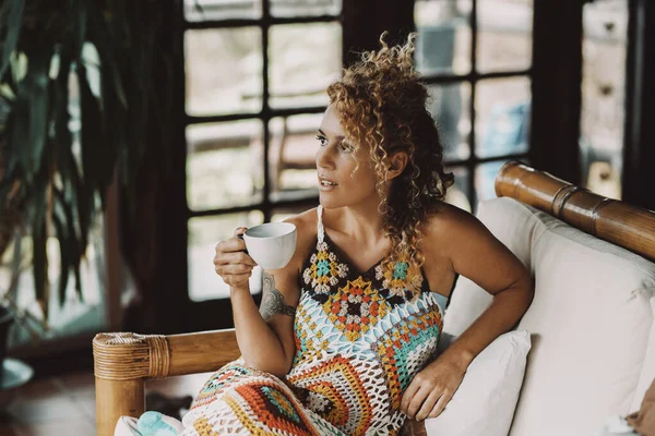 Adult Woman Sitting Cup Tea Couch —  Fotos de Stock