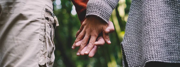 Cropped Shot Couple Holding Hands Green Forest Background — Stock fotografie
