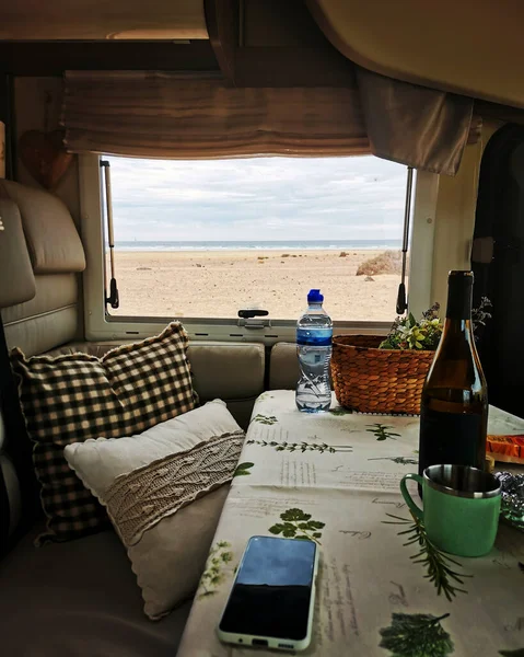 Interior Camping Car Table Sea View Window — стоковое фото