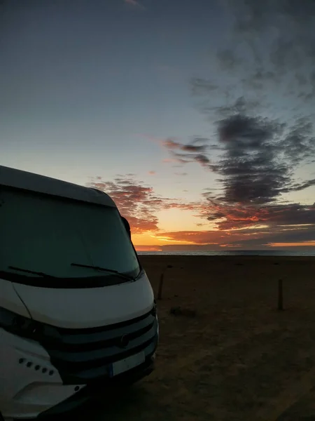 Travel Shot Camper Parked Ocean Sky Background — Photo