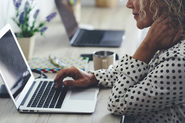 Office Workstation Closeup Adult Woman Using Laptop Online Connection Wireless — Stok fotoğraf