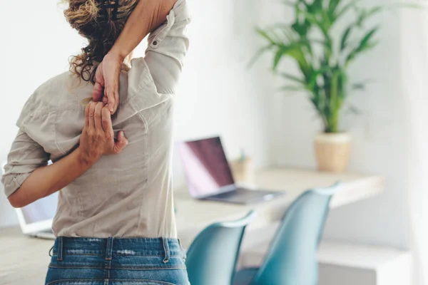 Backache Pain Stretching Exercises Home Standing Woman Viewed Back Office — Stockfoto