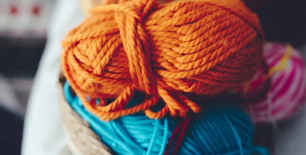 Close Orange Blue Yarn Ball Knit Work Hobby Natural Wool — Stock Photo, Image