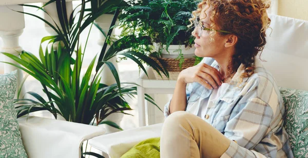 One Woman Sitting Home Garden Green Plants Looking Thoughtful Female — Fotografia de Stock