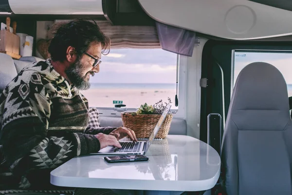 Adult Man Use Laptop Computer Work Camper Van Roaming Phone — Foto Stock
