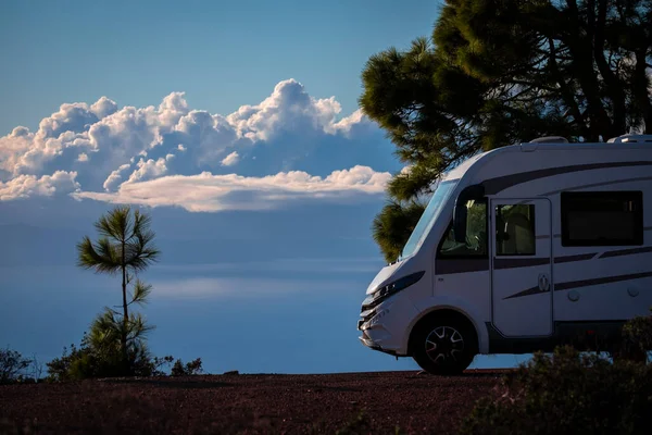 Modern Elegant Motorhome Cozy Home Parked Road Blue Sky Clouds — Stock Photo, Image