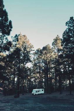 Büyük bir karavan karavanı dışarıdaki vahşi bir orman ulusal parkında tek başına park etmiş. Modern bir karavanla seyahat ve yaşam tarzı. Yüksek çam ağaçları ve parlak gökyüzü
