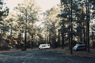 Orman ormanları ve ağaçlarla çevrili vahşi doğada park edilmiş iki karavan. Alternatif vanlife yaşam tarzı ve ulaşım aracı tatil tatili kavramı. Arkaplanda güneş ışığı