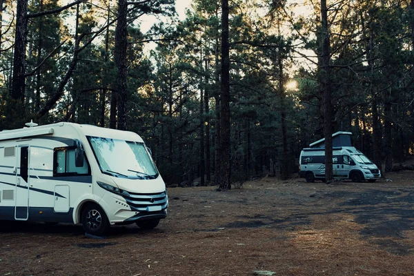 Kaksi Asuntoautoa Parkkeerattuna Luontoon Metsän Puiden Ympäröimänä Käsite Vaihtoehtoisia Vanlife — kuvapankkivalokuva