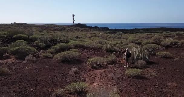 Desert Landscape Arid Tropical Cactus Senior Hiker — Stock Video