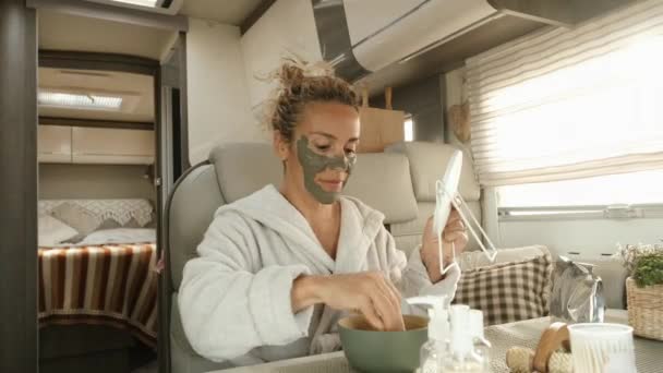 Caucasian Woman Making Beauty Skin Treatment Using Cream Mirror Sitting — Stock Video