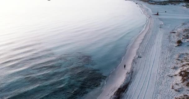 Aerial Top View Sea Woman Walking Beach — Stock Video