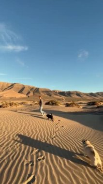 Gün batımında tepelerde köpekli mutlu kadın