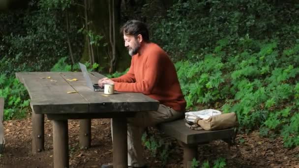 Brodaty Mężczyzna Pracuje Zewnątrz Stole Lesie Pije Kawę Myśląc Pracy — Wideo stockowe