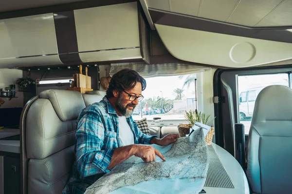 Nomadic Traveler Lifestyle Adult Mature Man Camper Van Planning Travel —  Fotos de Stock