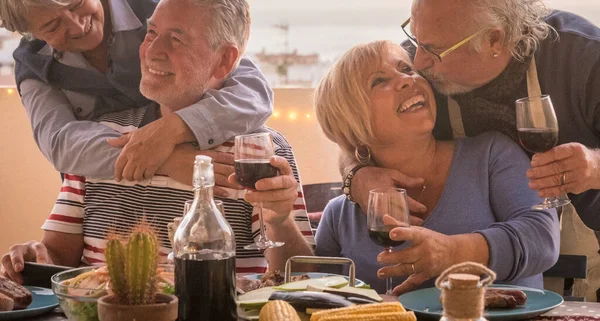 Old Senior People Love Friendship Lifestyle Celebration Together Front Table —  Fotos de Stock