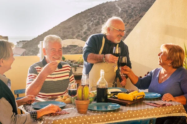 Mature Adult Pensioner Enjoy Together Have Fun Food Red Wine — Stock Photo, Image