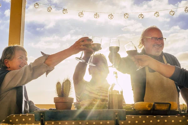 Old senior people friends enjoy and have fun together clinking with red wine. Happy senior men and women toasting with glasses with sun flare in backlight. Concept of retirement and celebration