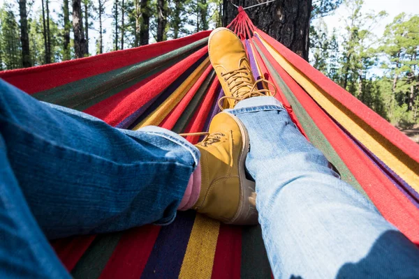 Close Pair Trekker Legs Having Relax Outdoor Leisure Activity Laying — Stock Photo, Image