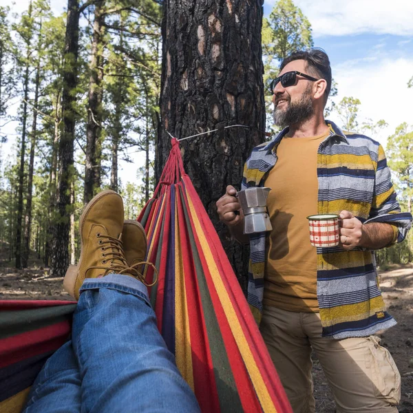 Happy Adult Caucasian Couple Enjoy Nature Outdoor Leisure Camping Activity — Stock Photo, Image