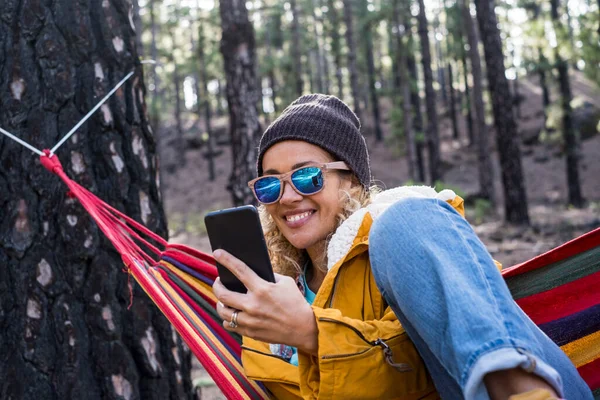 Happy Woman Video Call Conference Phone Hammock Woods Forest Outdoor — Stock Photo, Image
