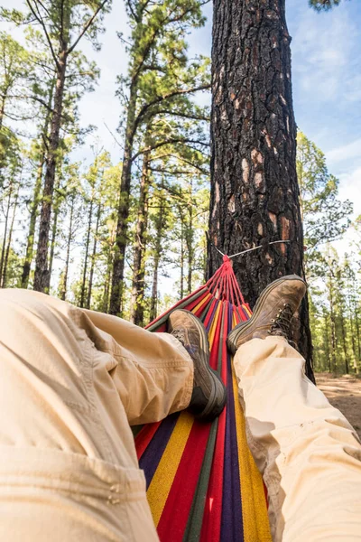 Men Relax Hammock Legs Pov High Tree Woods Forest Park — Stock Photo, Image