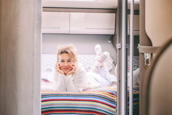 Portrait Cheerful Pretty Adult Woman Laying Smiling Her Camper Van Royalty Free Stock Images