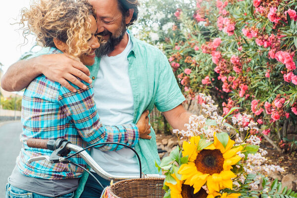 Love Hug Man Woman Adult Couple Outdoor Man Bike Flowers Royalty Free Stock Images