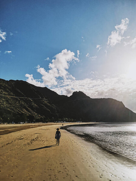 One Person Walking Sand Beach Silhouette Alone Enjoying Travel Lifestyle Stock Image