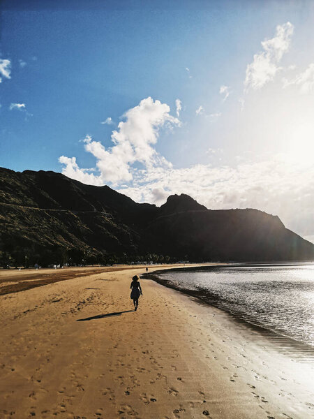 One Person Walking Sand Beach Silhouette Alone Enjoying Travel Lifestyle Stock Photo