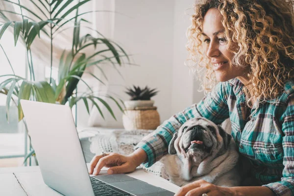 woman working on computer with dog on the legs. Happy woman animal owner using laptop for work or surf the web. Adorable pug puppy looking his human best friend while she writes on notebook. Lifestyle