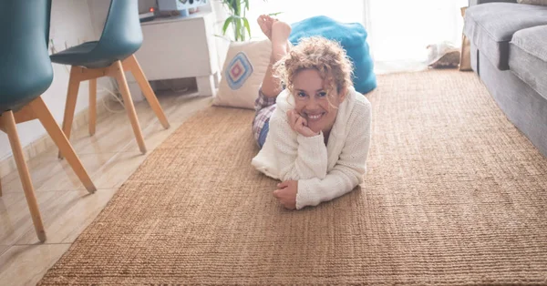 Portrait Smiling Woman Laying Home Natural Carpet Looking Camera Young — Stock Photo, Image