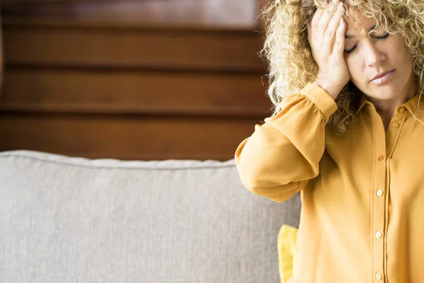 Front View Young Woman Touching Her Front Headache Pain Painful — Photo