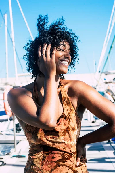 Portrait Attractive Black Young Woman Summer Dress Have Fun Laugh — Zdjęcie stockowe