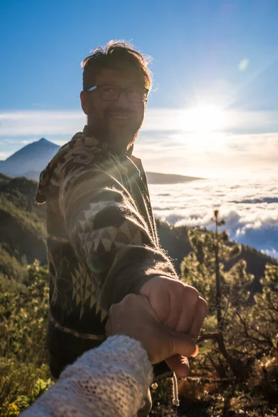 Portrait Adult Mature Man Smile Enjoy Mountain Travel Adventure Lifestyle — Stock Photo, Image