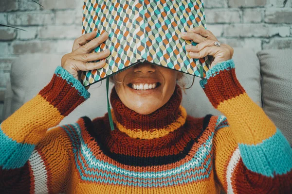 Happy Woman Home Covering Her Face Having Fun Colorful Diary — Stockfoto