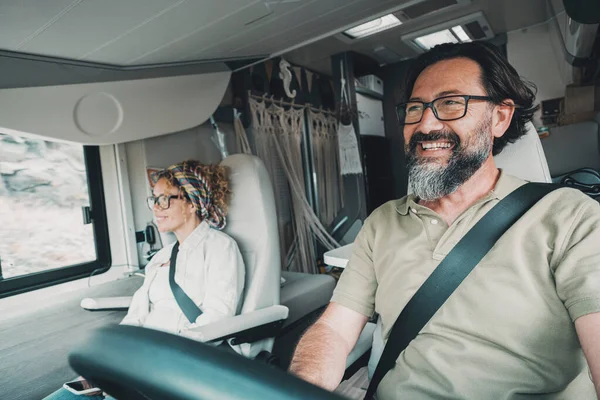 Happy Mature Couple Driving Traveling Together Camper Van Modern Man — Stockfoto
