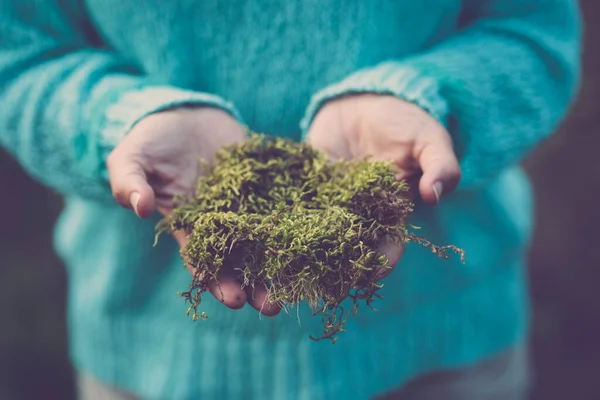 Close Human Hands Holding Natural Green Musk Concept Earth Day — ストック写真