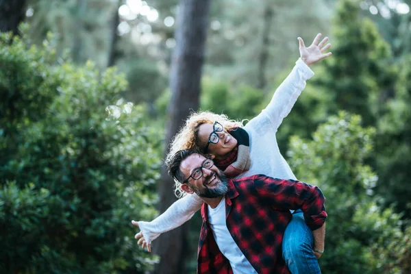 Overjoyed Happy Couple Have Fun Together Park Nature Man Carries — Φωτογραφία Αρχείου