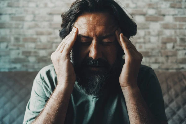 Close Portrait Man Touching His Head Temples Headache Problems Solve — Fotografia de Stock