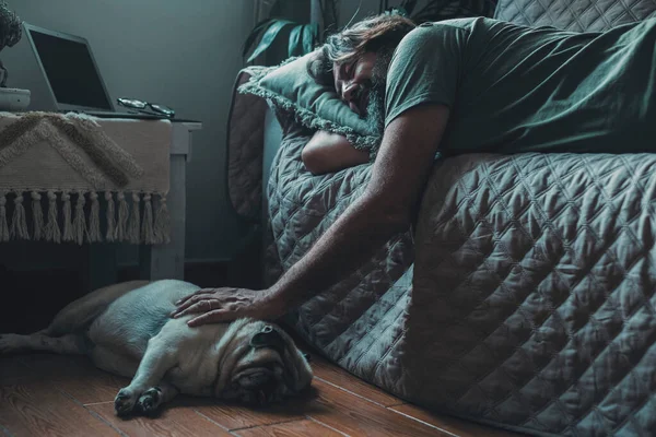 Love and friendship with man and dog. Animal owners living in friendship with pug. Male sleep with his dog. Domestic canine lifestyle concept owner and old puppy sleeping together on sofa and floor