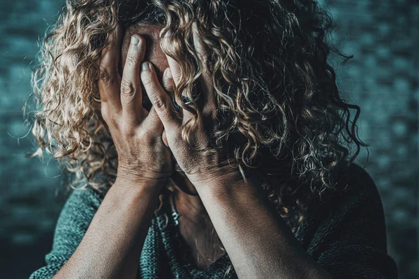 Close Desperate Woman Hands Face Dark Home Family Gender Violence — Stock fotografie