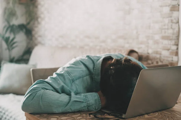 Overworked Freelance Sleep Laptop Keyboard One Man Sleeping Computer Work — Stock Photo, Image