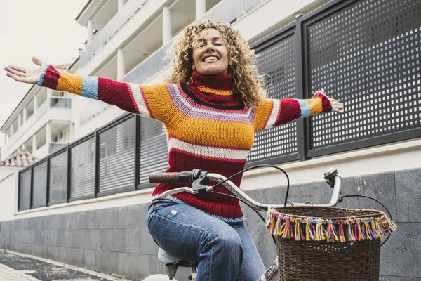 Happiness Joyful Emotion Expression Young Woman Riding Bike City Natural — Stok fotoğraf