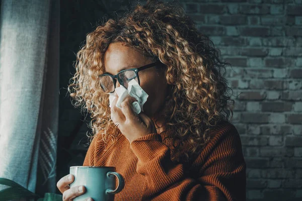 Woman Sneezing Nose Fever Influenza Virus Health Disease Flu Cold — Fotografia de Stock