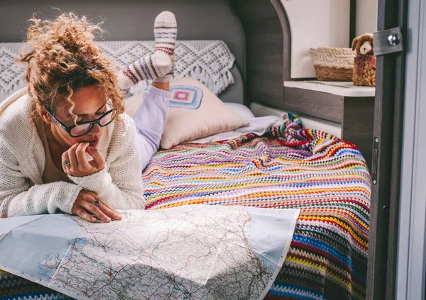 Travel Lifestyle People Concept Woman Laying Bed Modern Camper Van — kuvapankkivalokuva